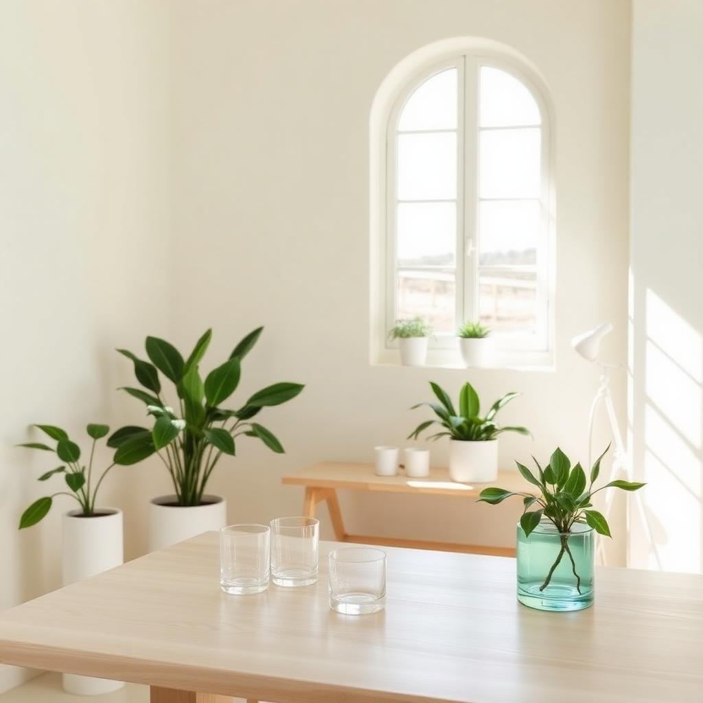 Sunlit cream studio with sage plants and clinical glassware