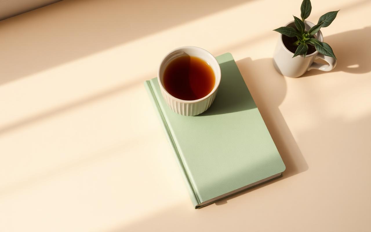 Warm cream desk with sage notebook and a cup of tea