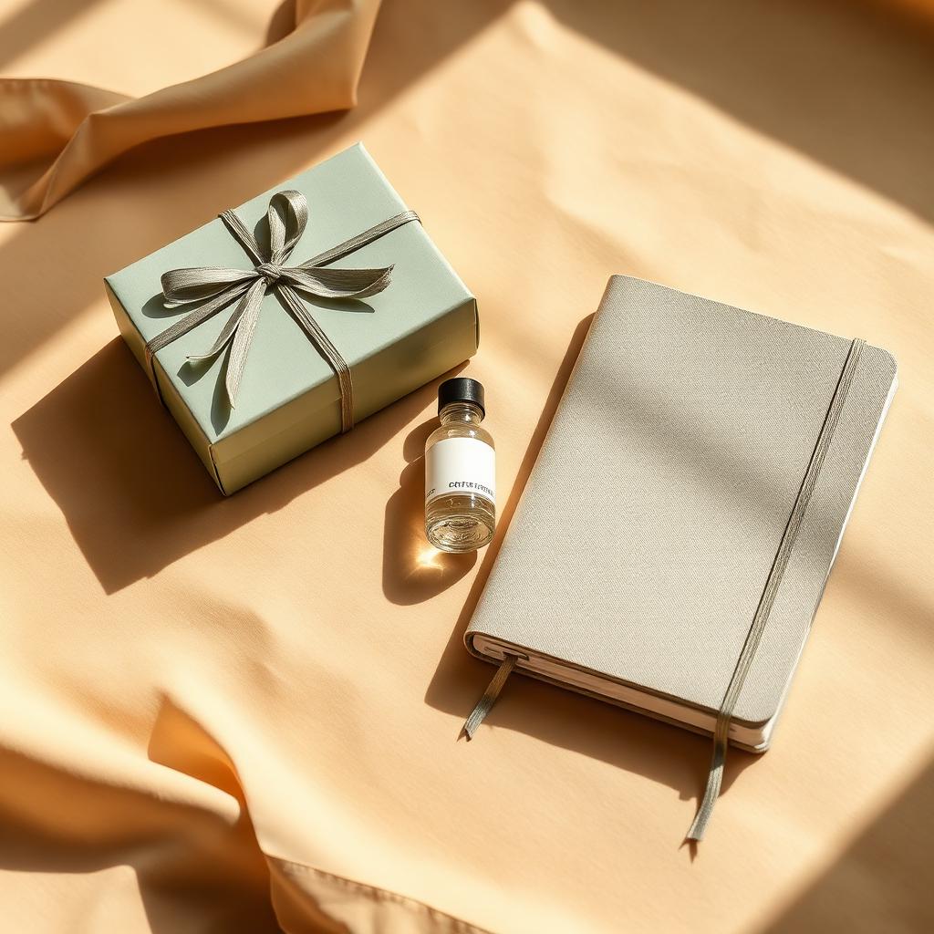Sage box, vial, and habit journal arranged on cream paper