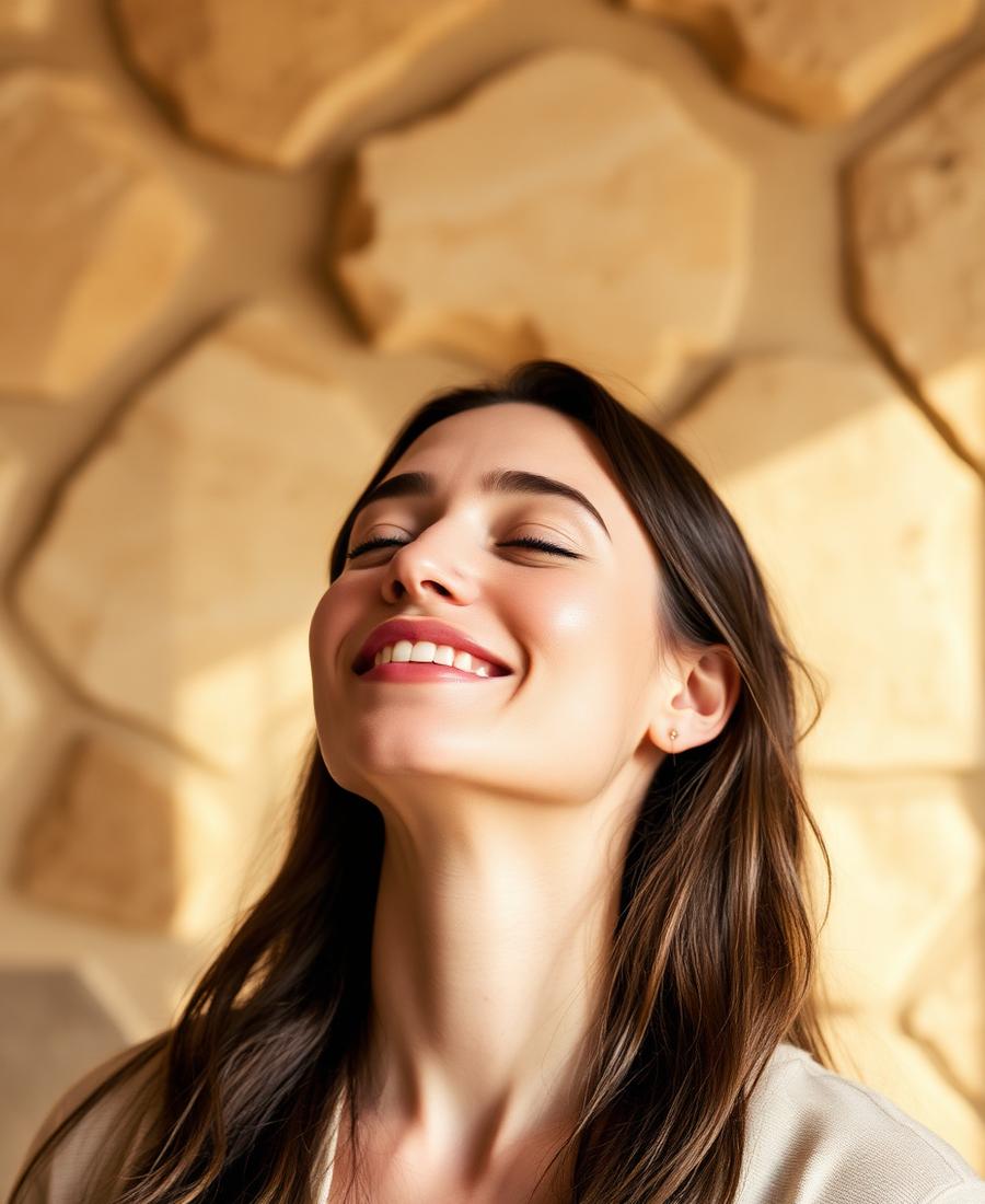 A woman with her eyes closed smiling in warm light