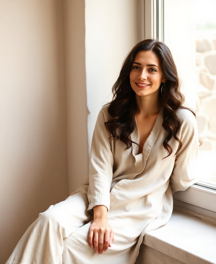 A woman in linen clothing sitting by a window