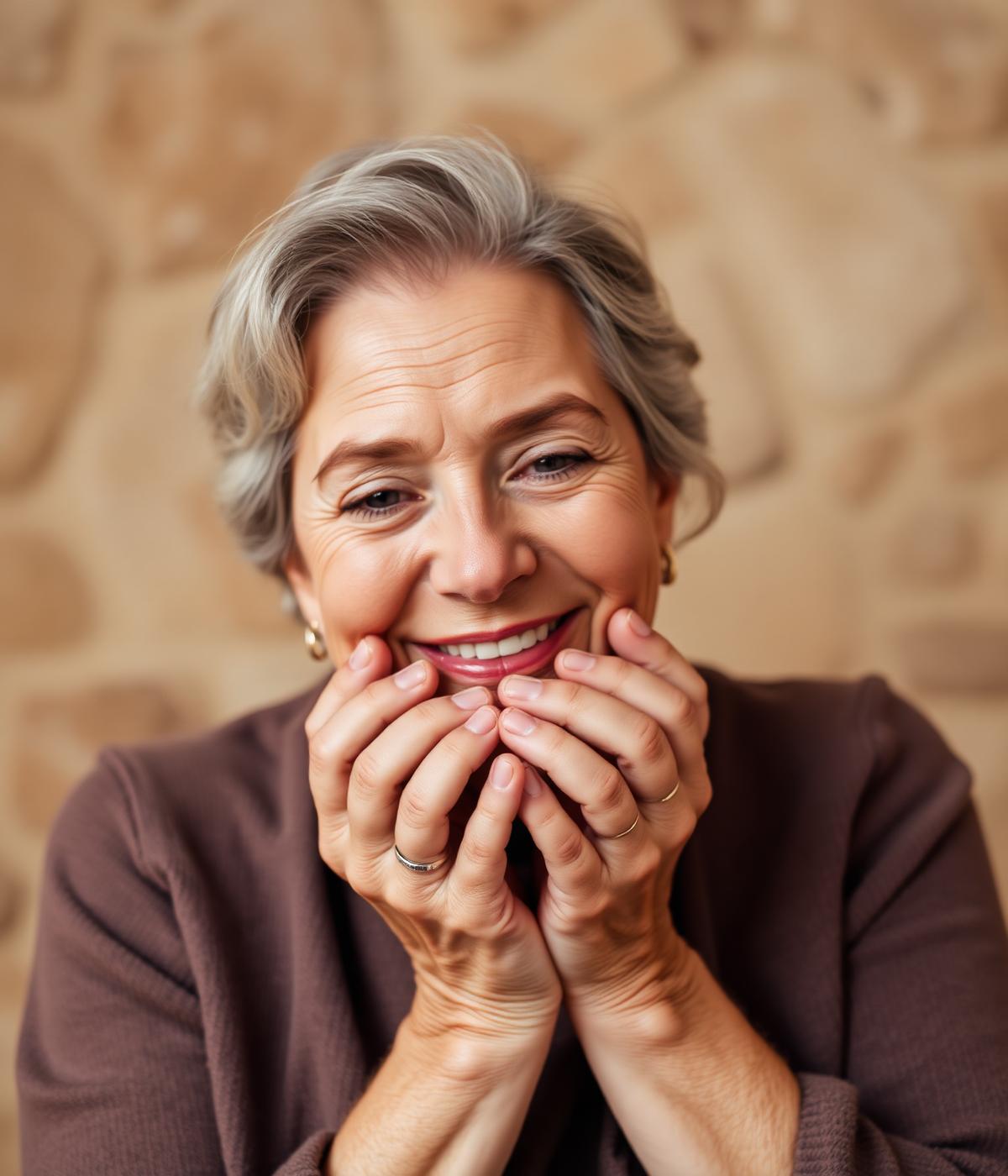 A mature woman smiling with her face cupped in her hands