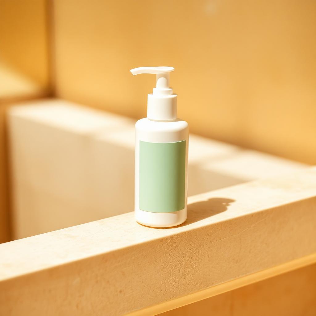 Cream pump bottle with sage label on warm stone ledge
