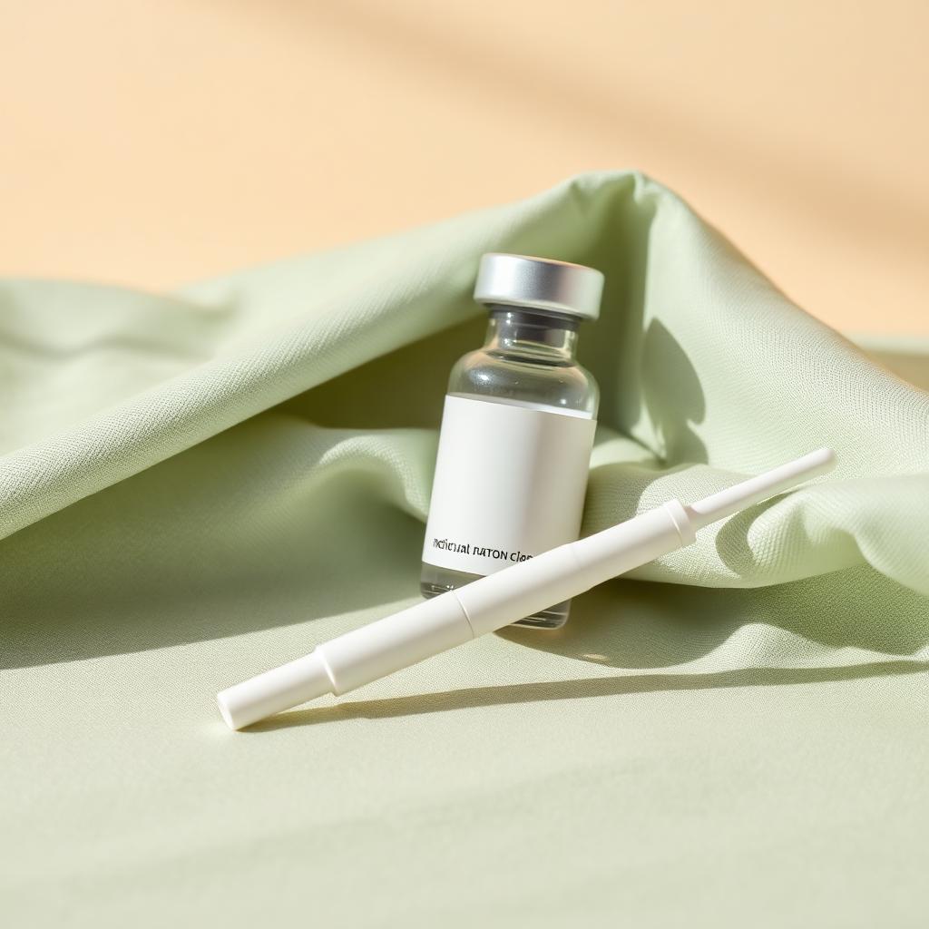 Cream-toned vial and pen resting on soft sage linen