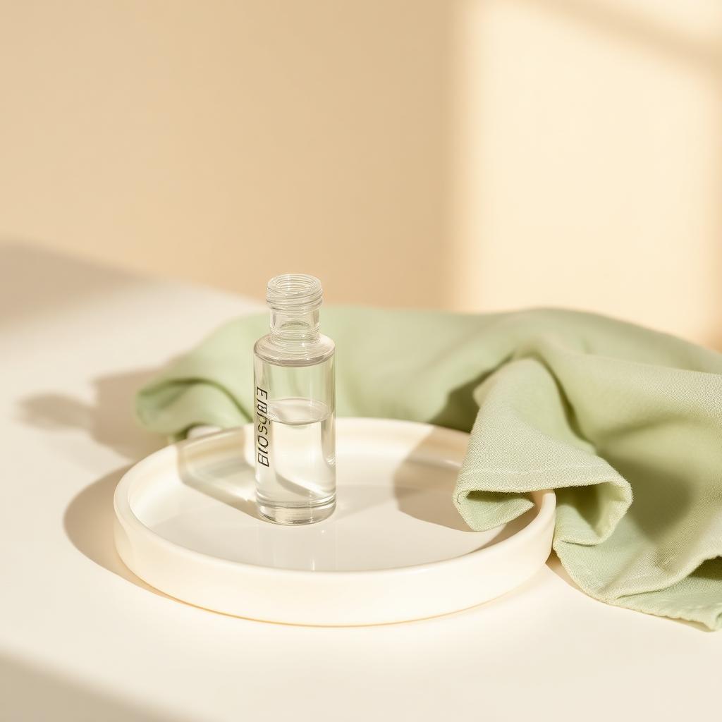 Clear vial on cream tray beside folded sage cloth