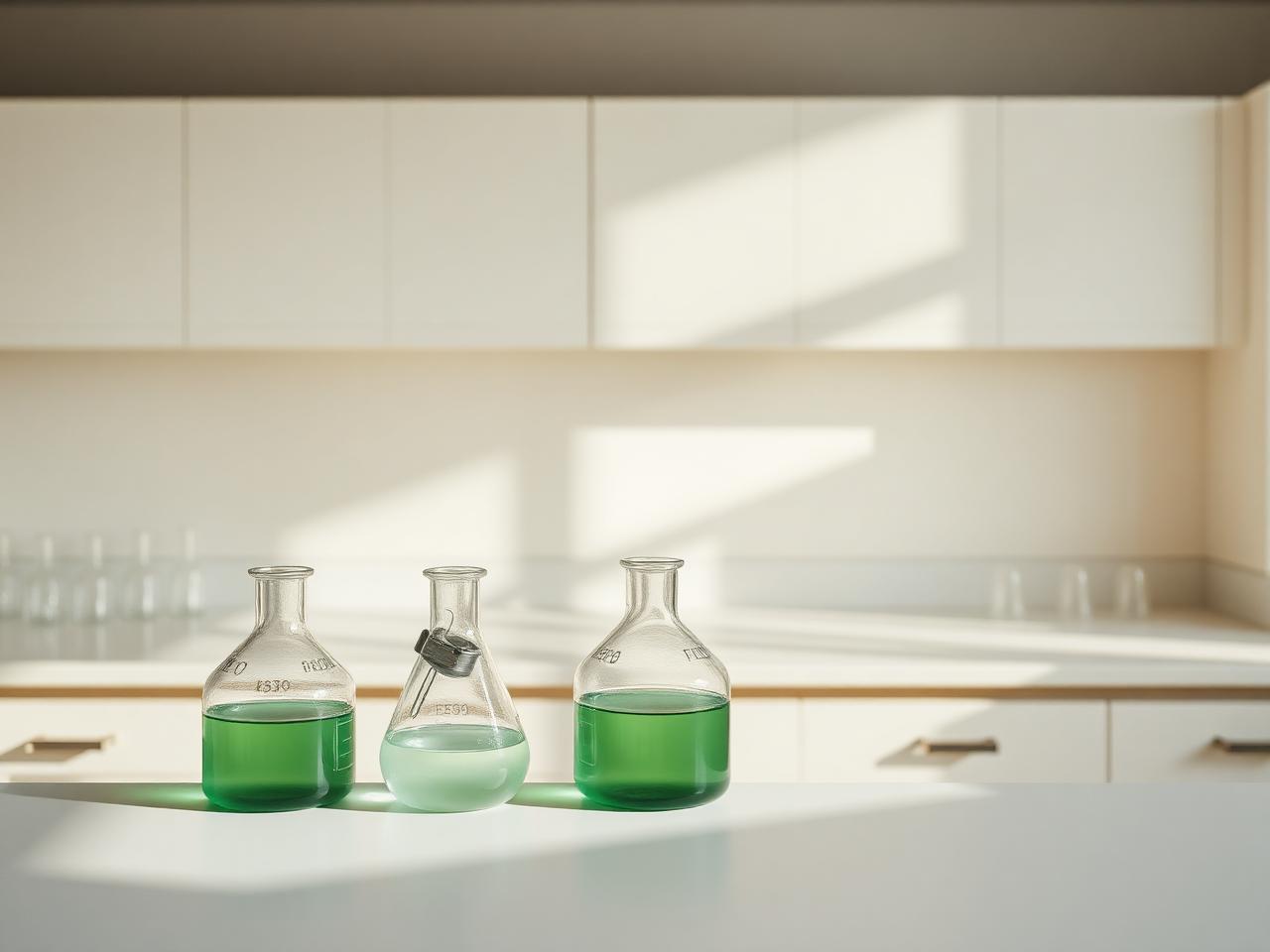 Cream lab bench with sage glassware and soft daylight