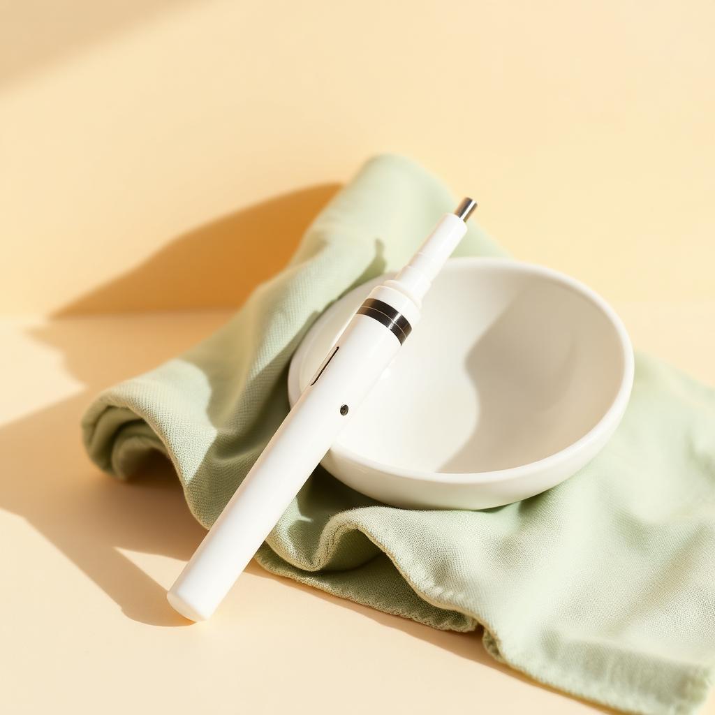 Brand pen resting beside cream ceramic dish and sage cloth