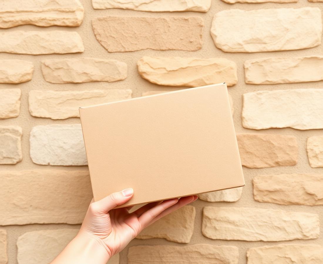A hand holding a plain shipping box against a stone wall
