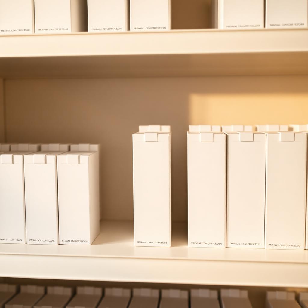 Pharmacy shelf with neatly labelled cartons in soft light