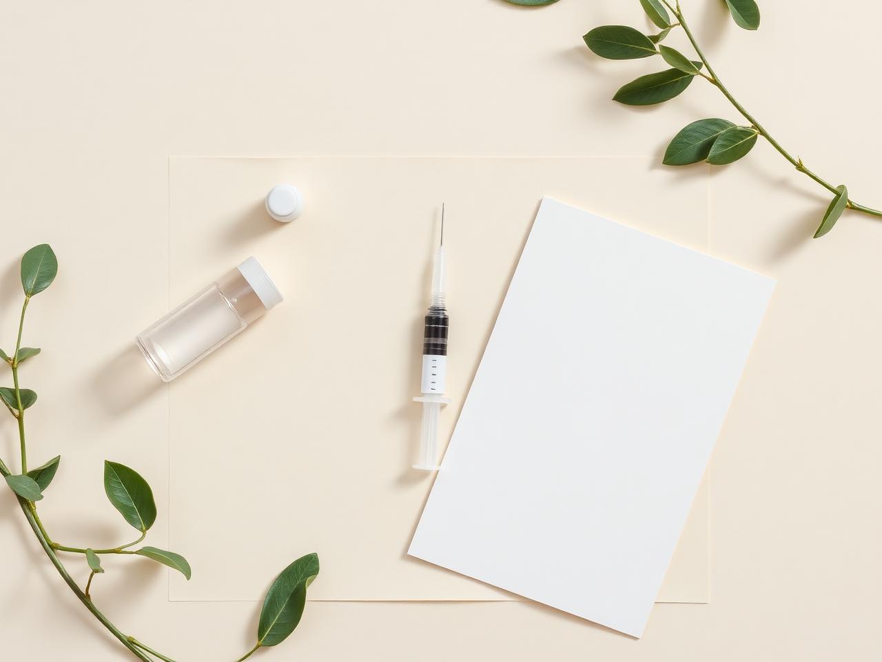 Flat lay of plan contents: vial, supplies, and printed guide on cream