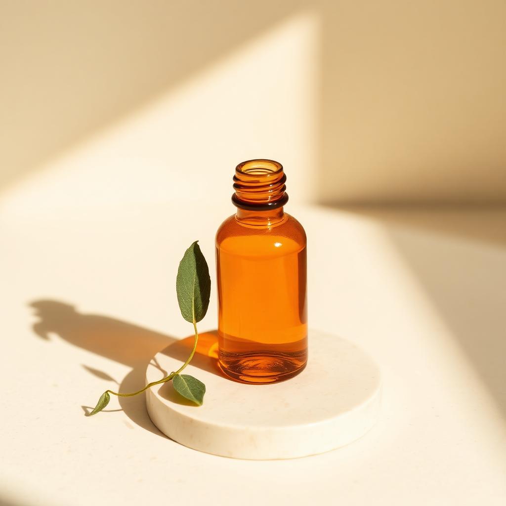 Small amber vial on cream stone with sage leaf shadow