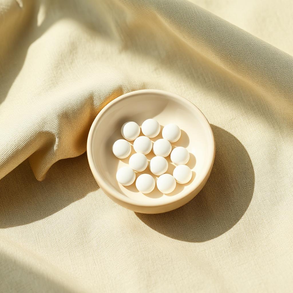 Dissolvable tablets in a cream dish on sage linen