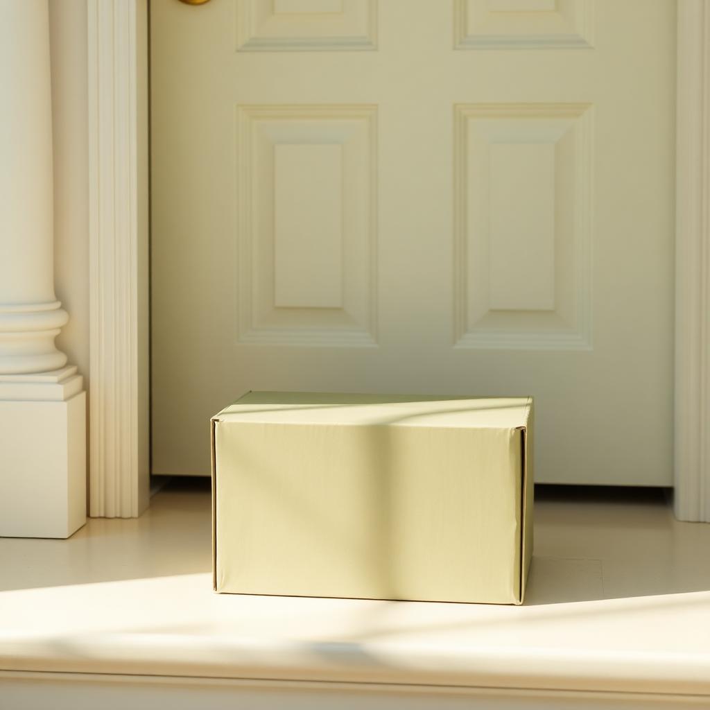 Sage shipping box on a cream doorstep in soft morning light