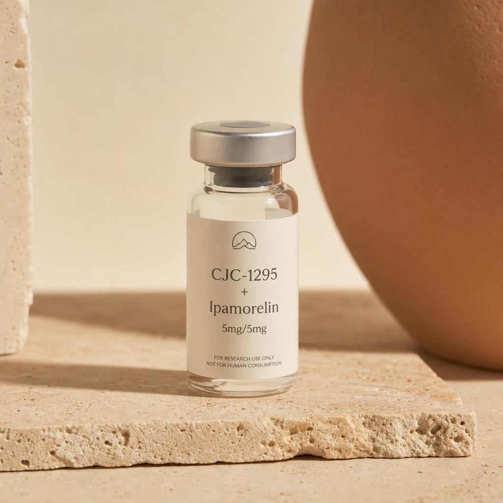 CJC-1295 and Ipamorelin blend vial on warm stone