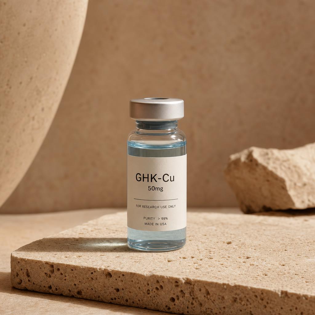 GHK-Cu 50mg vial with pale blue solution on travertine