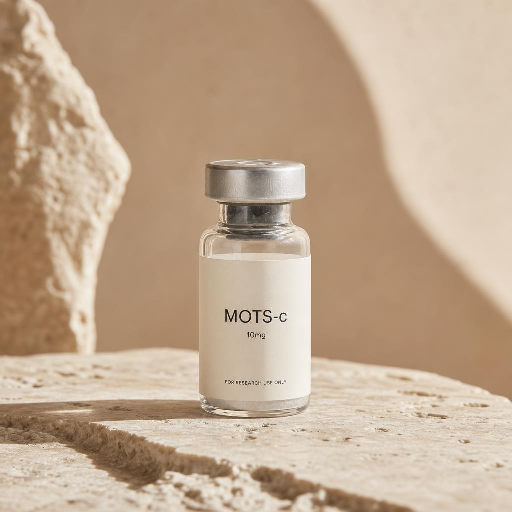 MOTS-c 10mg vial in soft daylight on stone