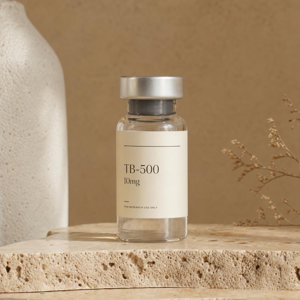 TB-500 10mg vial beside a pale ceramic vase on stone