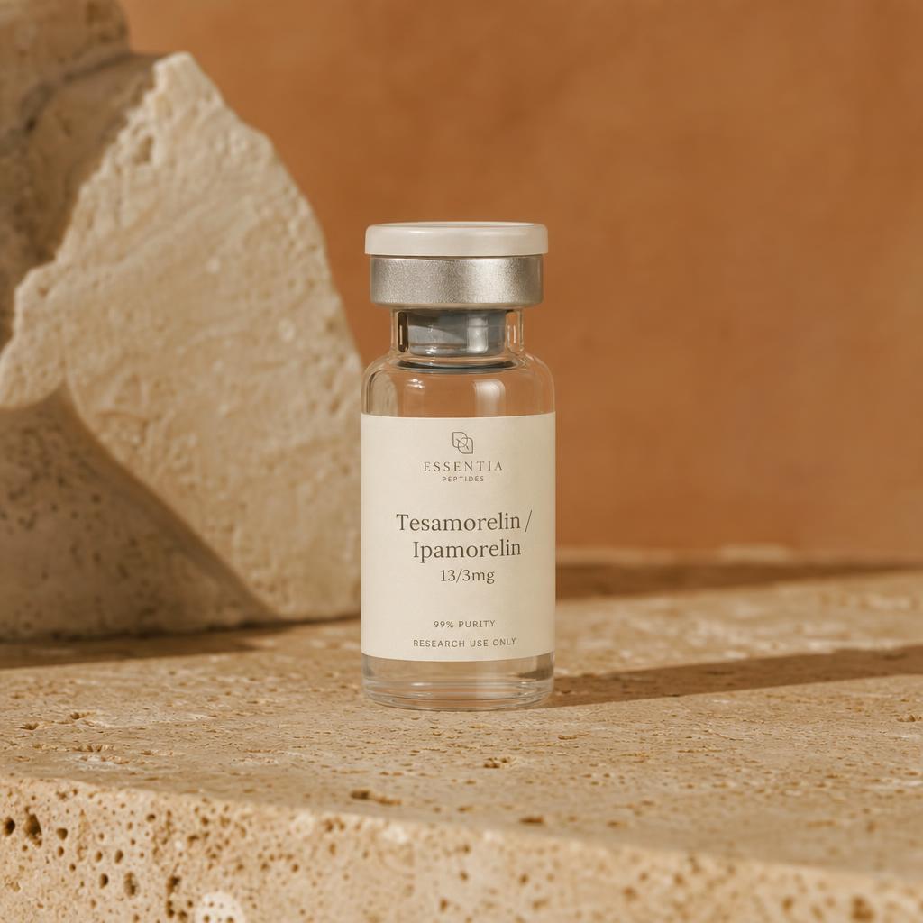 Tesamorelin and Ipamorelin blend vial on a warm stone ledge