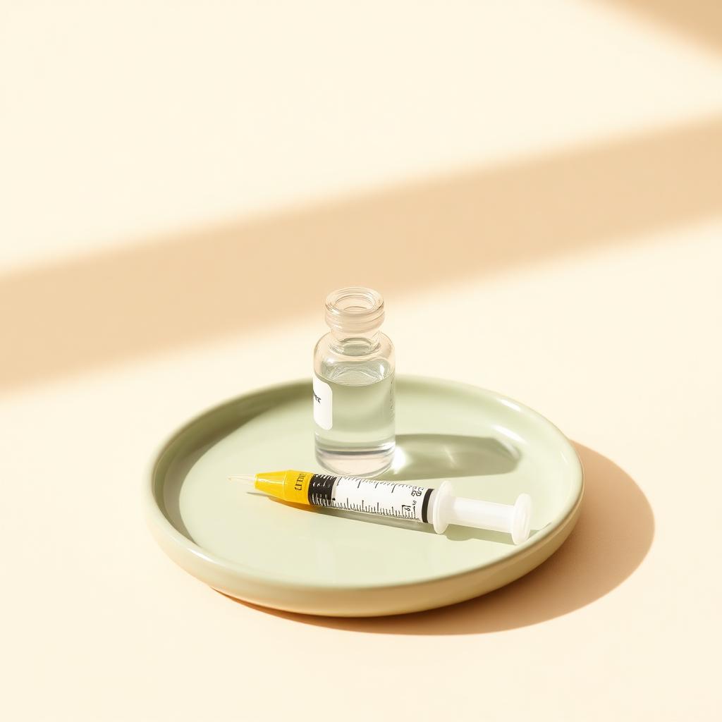 Single-dose vial and syringe on sage tray, warm light